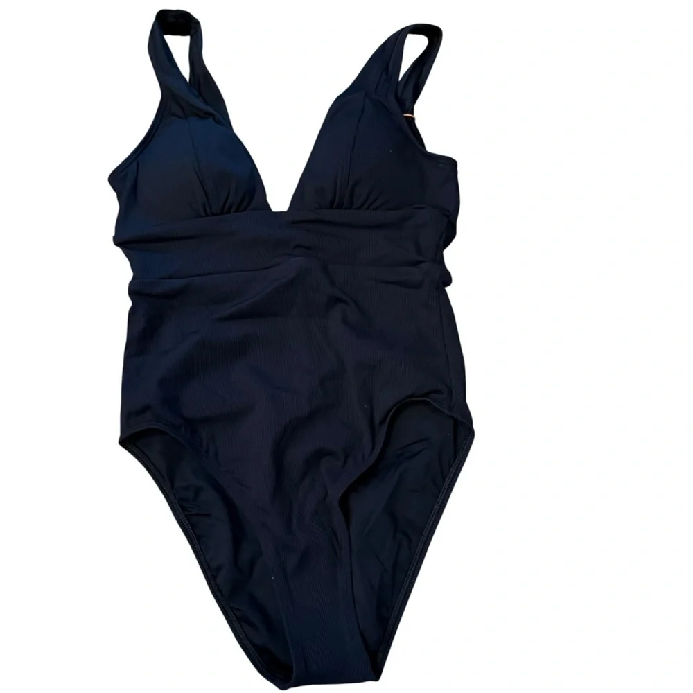 Quince Italian Plunge Neckline Swimsuit One Piece Black NEW